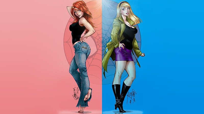 May Jane & Gwen Stacy, gwen stacy, j scott campbell, mary jane, ilustration, marvel comics, pink, blue, HD wallpaper