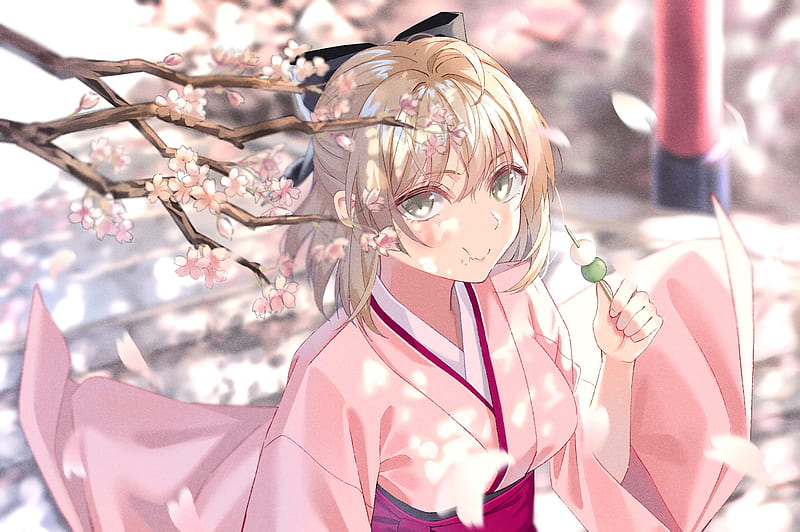 okita souji, fate grand order, sakura blossom, kimono, petals, eating, Anime, HD wallpaper