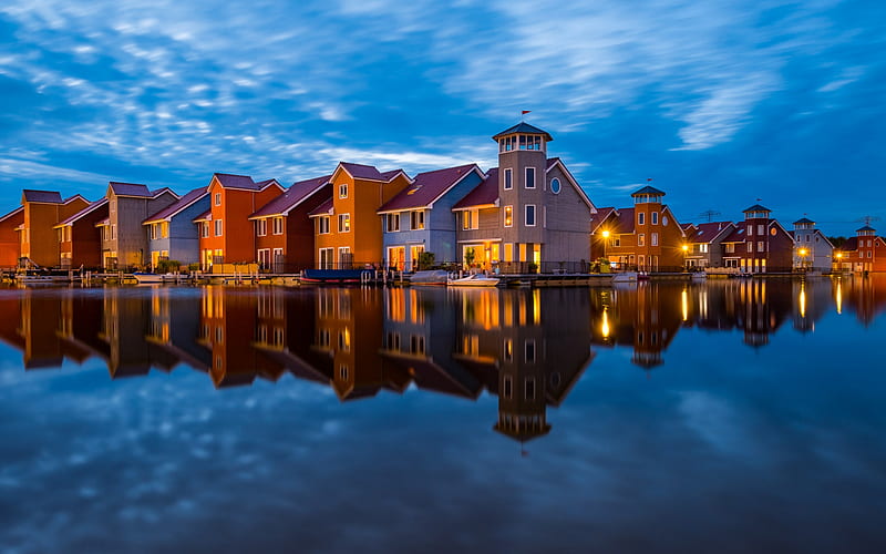 Groningen, evening, sunset, colorful wooden houses, Groningen cityscape, Netherlands, HD wallpaper