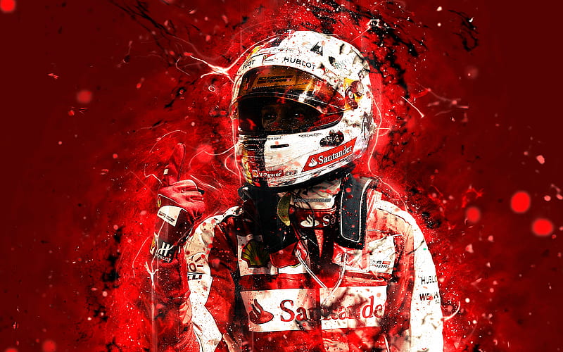 Sebastian Vettel, abstract art, Formula 1, F1, Ferrari 2018, Scuderia Ferrari, Vettel, neon lights, Formula One, Ferrari F1, HD wallpaper