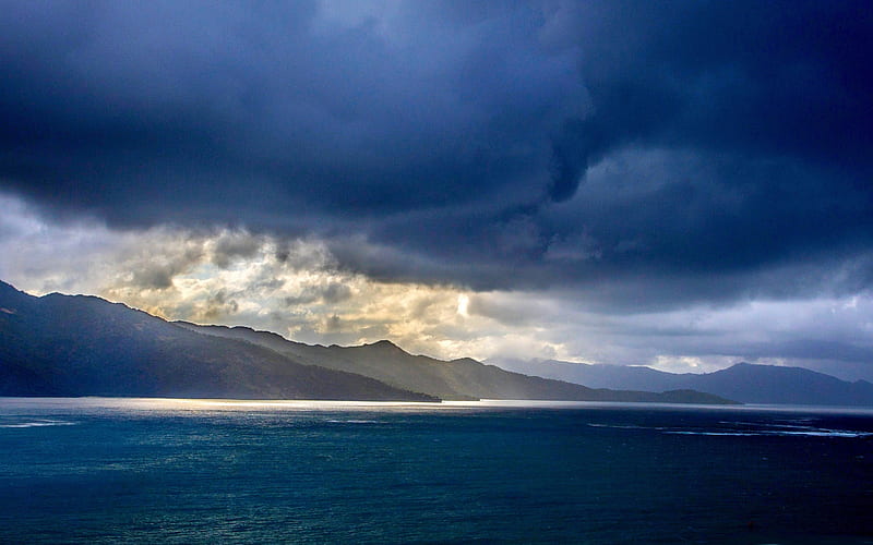 STORMY CLOUDS, holiday, travel, trees, sky, clouds, stormy, sea, mountain, water, Haiti, HD wallpaper