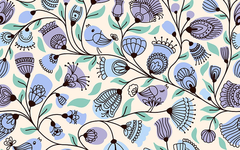 retro texture with birds, retro backgrounds, floral retro background, floral retro texture, blue flowers retro backgrounds, retro seamless pattern, HD wallpaper