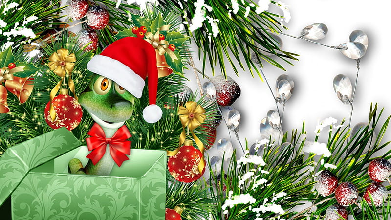 Year of the Snake, christmas, glitter, decoratins, happy new year, gift, winter, cute, 2013, tree, whimsical, snow, berries, santa hat, bells, snake, HD wallpaper