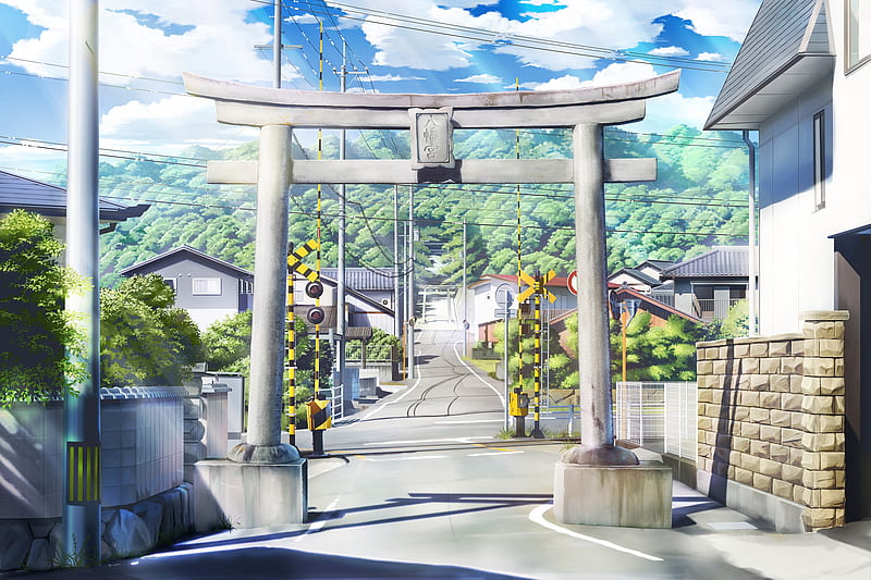 anime landscape, village, gate, mountain, scenic, trees, Anime, HD wallpaper