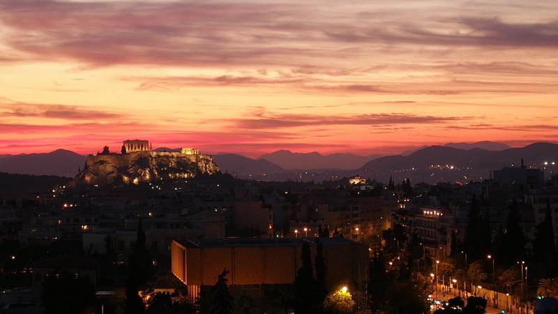 the acropolis in athens at sunset, city, ancient, ruins, sunset, hill, HD wallpaper