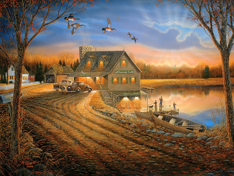 Angler's Inn, flying birds, fall season, lakes, autumn, love four seasons, pick-up, attractions in dreams, leaves, boat, roads, paintings, inns, sunsets, nature, HD wallpaper