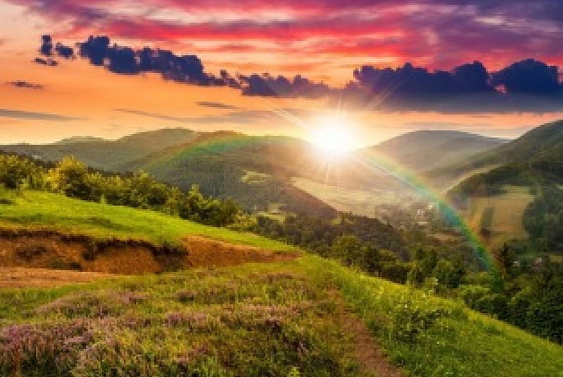 Rainbow over mountain, hills, amazing, glow, sun, grass, fiery, bonito, rainbow, sky, mountain, rays, wildflowers, slope, HD wallpaper