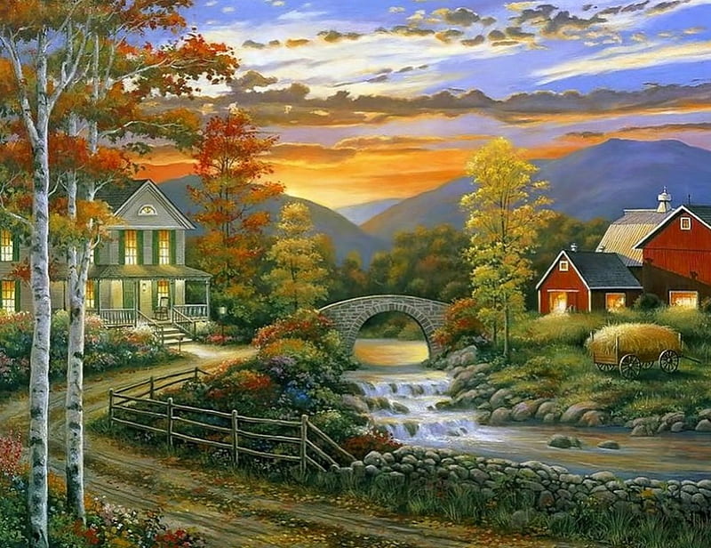 Outdoor nature, amazing, farmhouse, lovely, bridge, color, sunset, outdoor, landscape, HD wallpaper