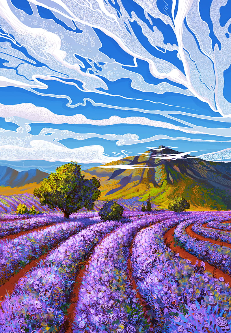 lavender, field, mountain, landscape, art, HD phone wallpaper