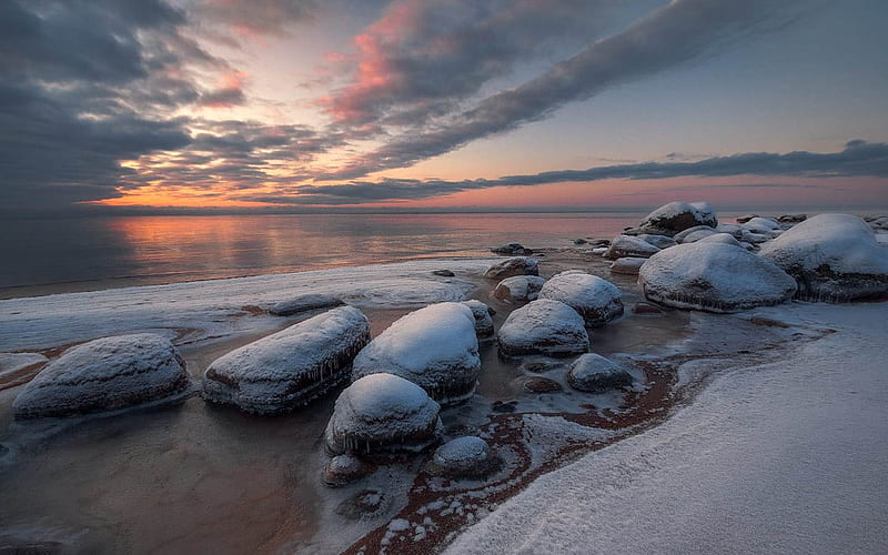 Rocky Beach in Winter, sea, beach, rocks, snow, Latvia, clouds, winter, HD  wallpaper | Peakpx