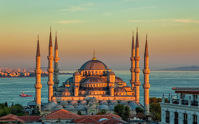 Istanbul, Blue Mosque, sunset, Turkey, Sultanahmet, HD wallpaper