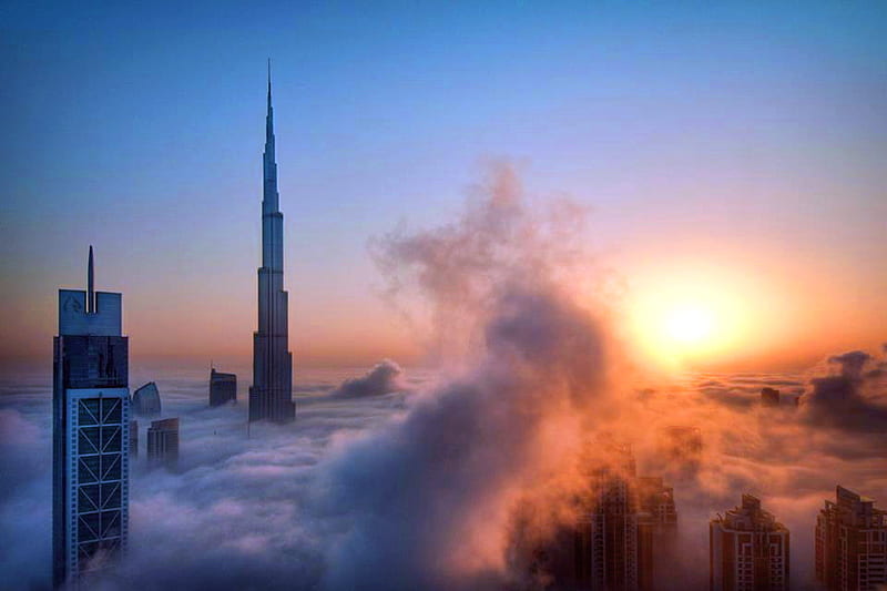 Dubai sunset, sky scrapers, sunset, dubai, blue sky, clouds, HD wallpaper