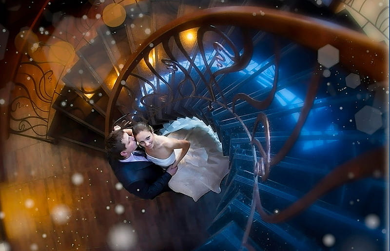 Love is in the air, bride, wedding, lights, staircase, groom, air, love, white dress, couple, HD wallpaper