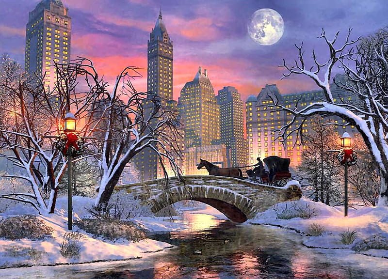 Christmas Eve in New York F2Cmp, Christmas, December, New York City, bonito, illustration, artwork, moon, bridge, painting, wide screen, scenery, art, USA, holiday, winter, skyscrapers, New York, snow, occasion, HD wallpaper