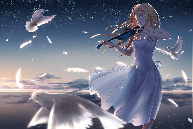 Violin, stars, dress, music, pigeons, birds, sky, sed, girl, anime, white, blue, HD wallpaper