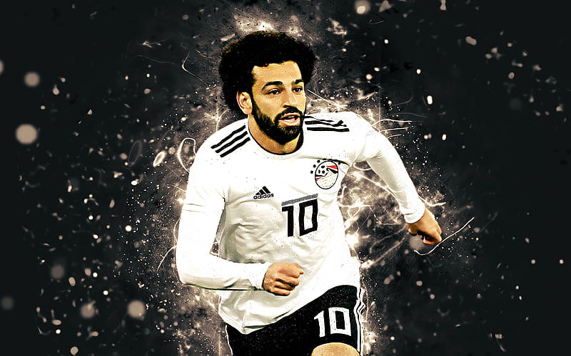 Mohamed Salah white uniform, ‎Egypt National Team, fan art, Salah, soccer, Mo Salah, Mohamed Salah Ghaly, footballers, neon lights, Egyptian football team, abstract art, HD wallpaper