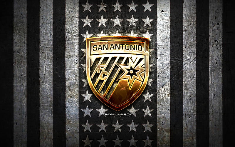 San Antonio FC flag, USL, black white metal background, american soccer club, San Antonio FC logo, USA, soccer, San Antonio FC, golden logo, HD wallpaper
