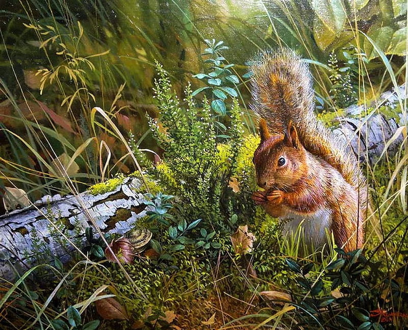 Forest Ground, tree, squirrel, snail, plants, painting, artwork, HD wallpaper