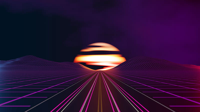 synthwave road, moon, neon light, mountains, HD wallpaper