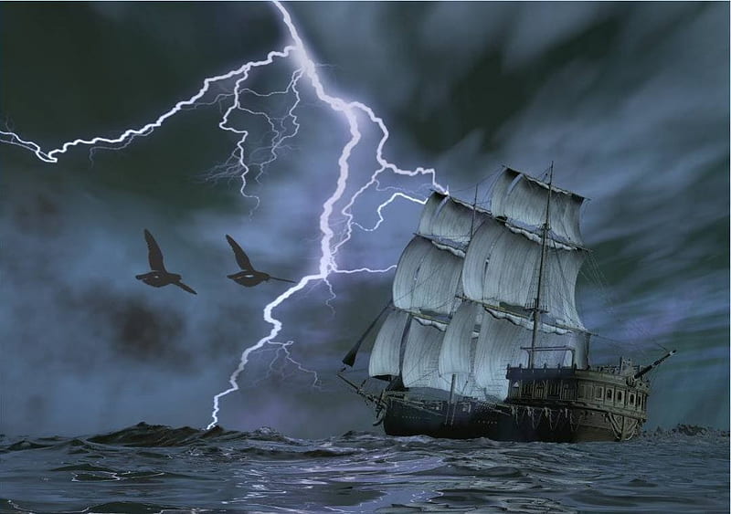Stormy Night, art, lightning, dark clouds, sailing ship, sea, birds flying, HD wallpaper
