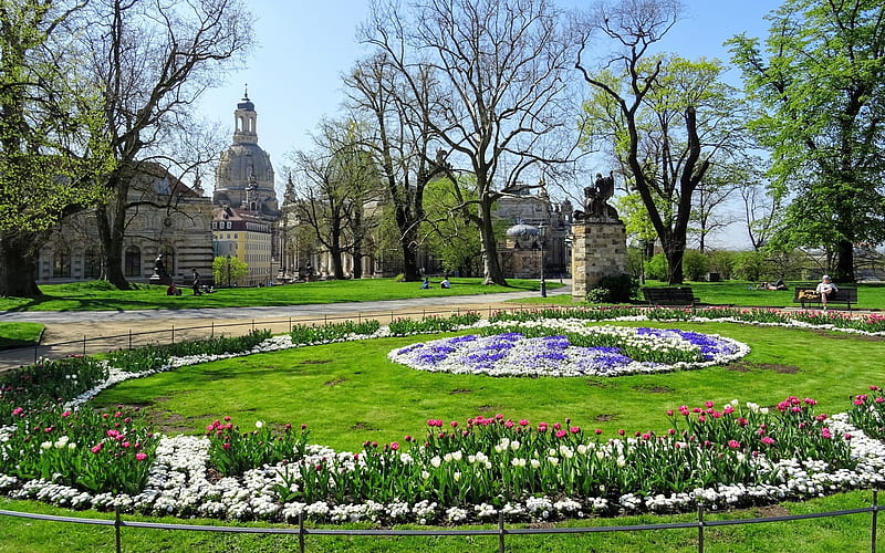 Spring in Dresden, Germany, trees, Germany, Dresden, garden, flowers, sculpture, HD wallpaper