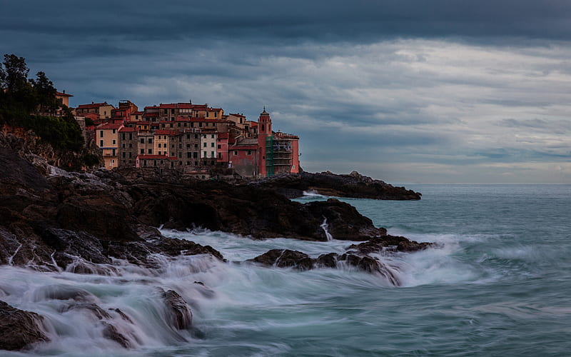 Tellaro, Gulf of Poets, Liguria, evening, sunset, coast, Gulf of La Spezia, Mediterranean Sea, Italy, HD wallpaper
