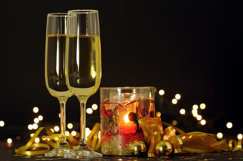Happy New Year, pretty, glasses, bonito, magic, xmas, lights, graphy, ball, gold, beauty, light, candle, lovely, holiday, christmas, wine, golden, colors, new year, candles, glass, merry christmas, balls, champagne, HD wallpaper