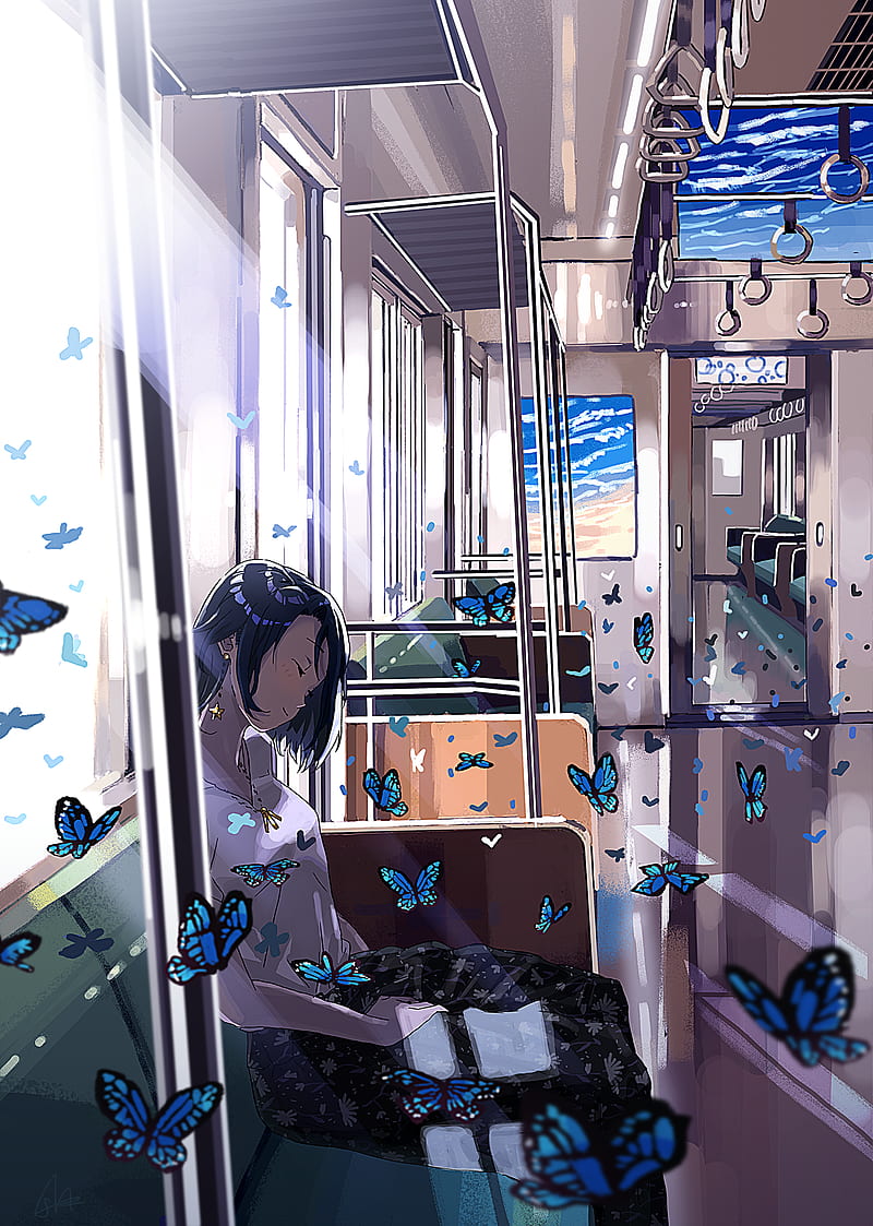 anime, anime girls, butterflies, closed eyes, train, HD phone wallpaper