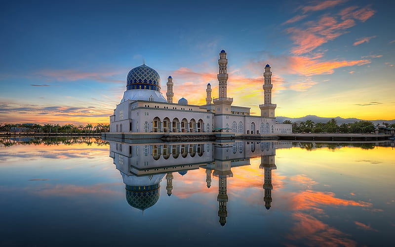 Mosque of Kota Kinabalu, sunset, Likas Bay, Malaysia, HD wallpaper