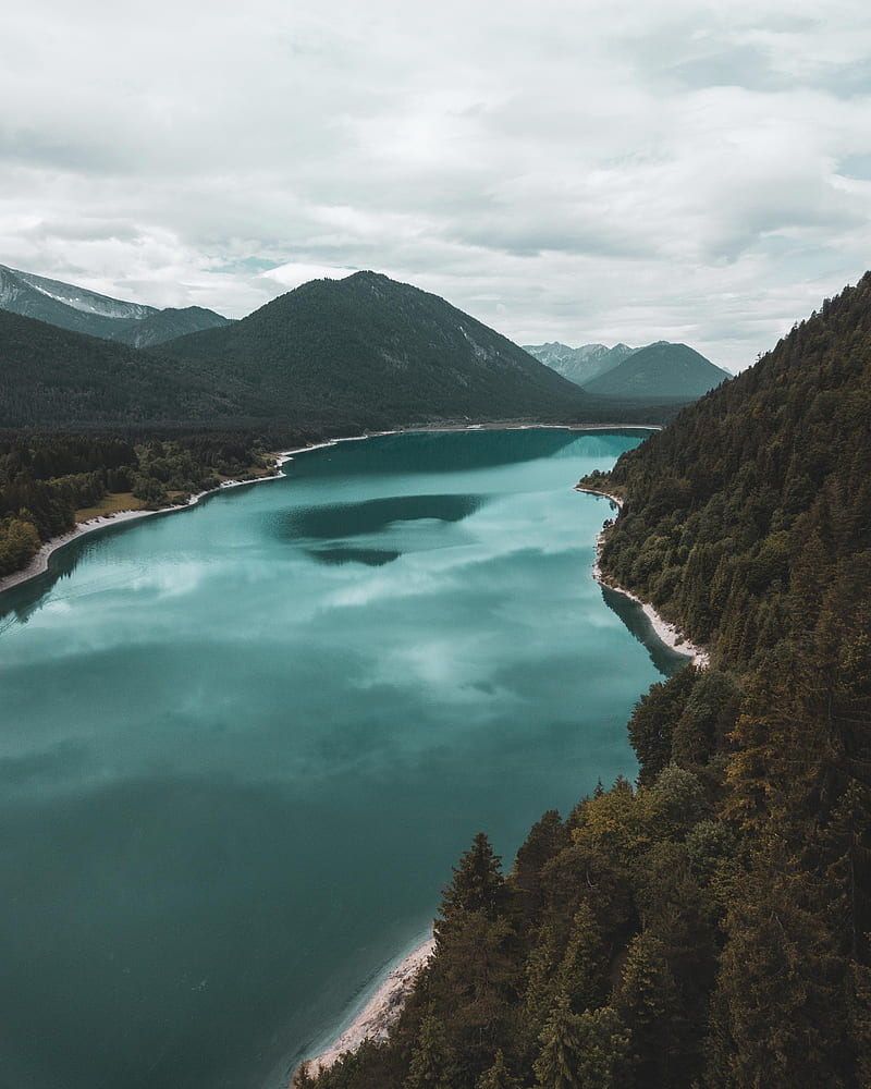 lake, mountains, landscape, trees, aerial view, HD phone wallpaper