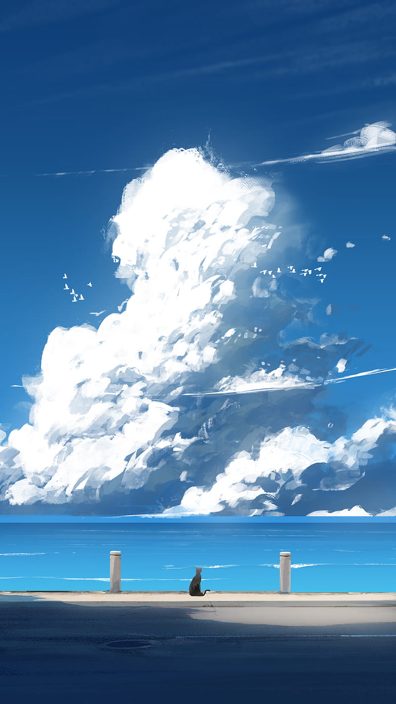 Anime, clouds, cats, black cats, birds, coast, Asteroid (artist), HD phone  wallpaper | Peakpx