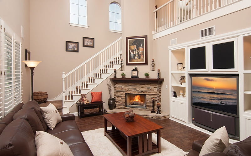 tv, fireplace, sofa, coffee table, living room design, HD wallpaper