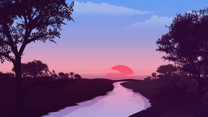 flat landscape, sunset, river, tree silhouette, sky, scenery, artwork, Landscape, HD wallpaper