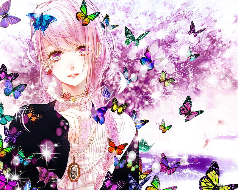 Goodbye Fly Away, dress, wing, fantasy, butterfly, anime, hot, anime girl, pink eye, long hair, pink, locket, female, wings, pendant, sexy, abstract, cute, girl, pink hair, HD wallpaper