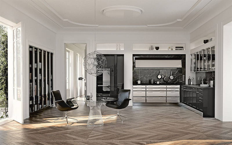 modern kitchen design, stylish interior, black marble in the kitchen, creative round chandelier, modern interior, kitchen, HD wallpaper