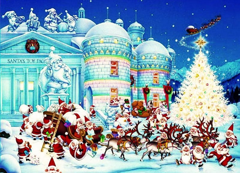 Santa's Toy Factory, building, christmas tree, christmas, snow, painting, artwork, north pole, HD wallpaper
