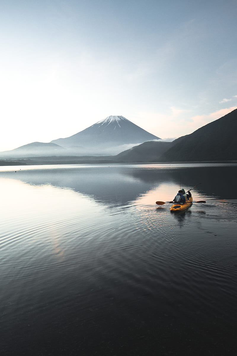boat, canoe, volcano, sea, ripples, HD phone wallpaper