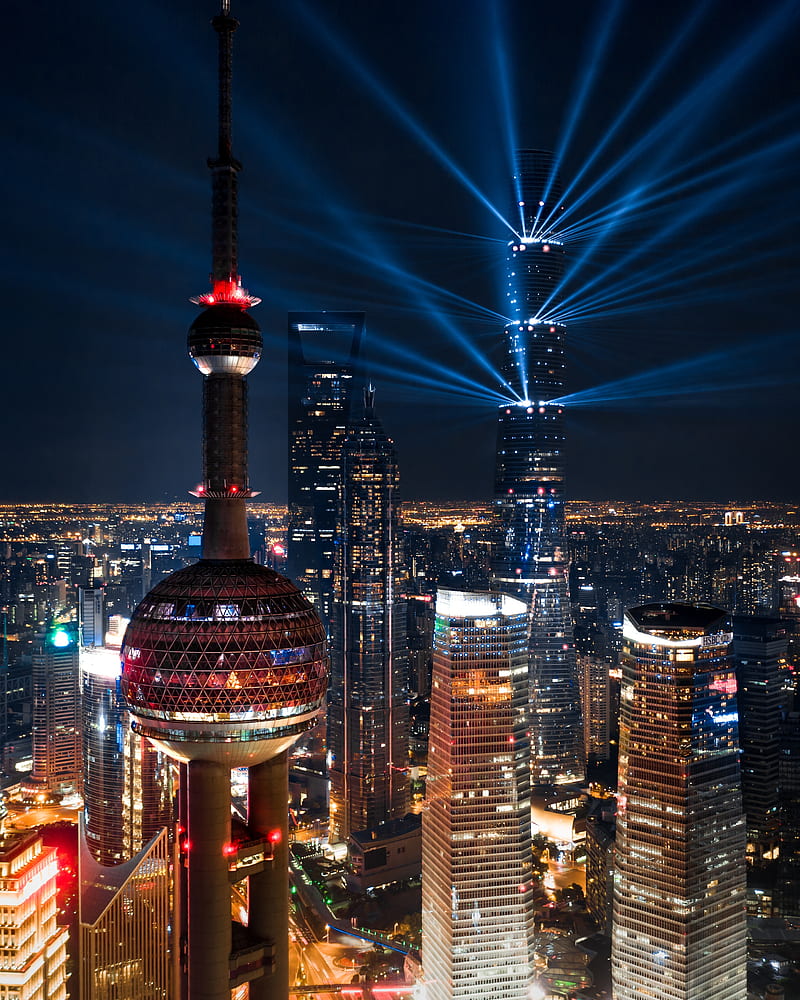 city, night, architecture, lights, Shanghai, HD phone wallpaper