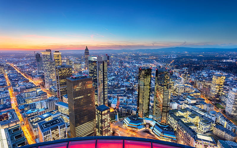Frankfurt, skyscrapers, evening, cityscape, sunset, modern building, business centers, Frankfurt am Main, Germany, HD wallpaper
