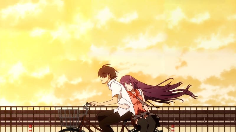 Anime, Sunset, Bike, Black Hair, Monogatari (Series), Hitagi Senjōgahara, Bakemonogatari, Koyomi Araragi, HD wallpaper