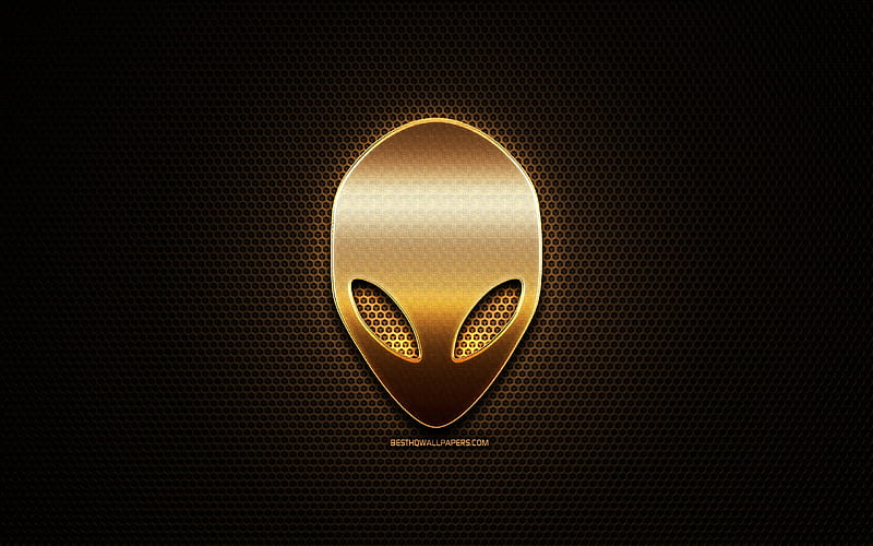 Alienware glitter logo, creative, metal grid background, Alienware logo, brands, Alienware, HD wallpaper