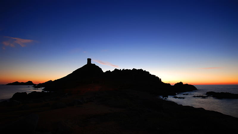 Iles Sanguinaires, isle, tower, ocean, nature, sunset, hill, coast, HD wallpaper