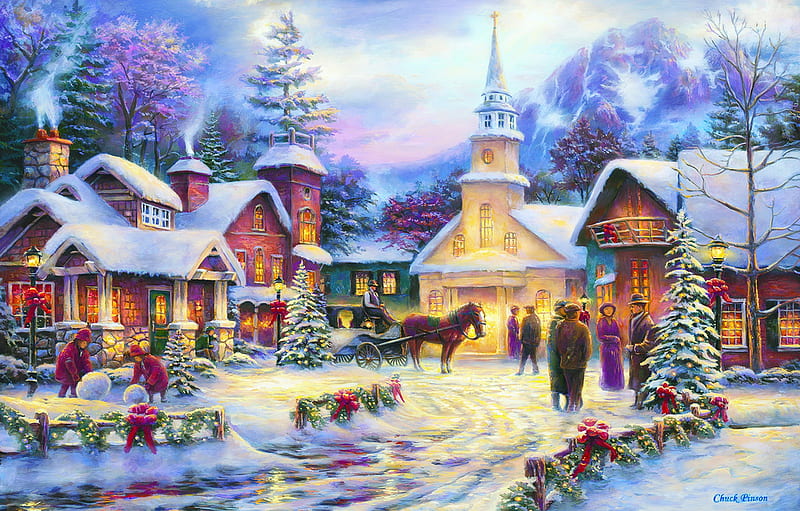 Faith runs deep, art, christmas, snow, holiday, village, bonito, faith, winter, street, HD wallpaper