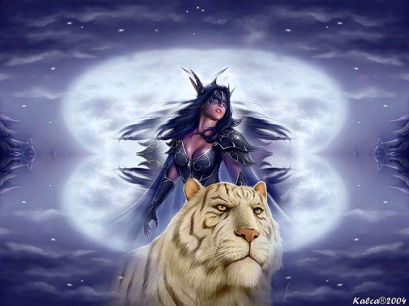Tiger and Warrior-Luis Royo, mistress, tiger, abstract, fantasy, warrior, erotic, girl, luis royo, white, blue, HD wallpaper Tiger and Warrior-Luis Royo, mistress, tiger, abstract, fantasy, warrior, erotic, girl, luis royo, white, blue, HD wallpaper