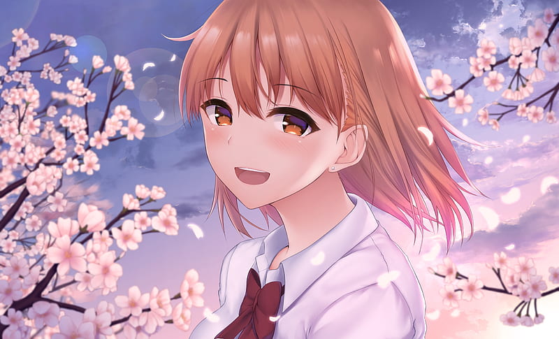 sakura blossom, anime girl, smiling, short hair, Anime, HD wallpaper