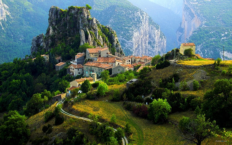 Gorge Du Verdon, France, peaks, village, landscape, houses, HD wallpaper