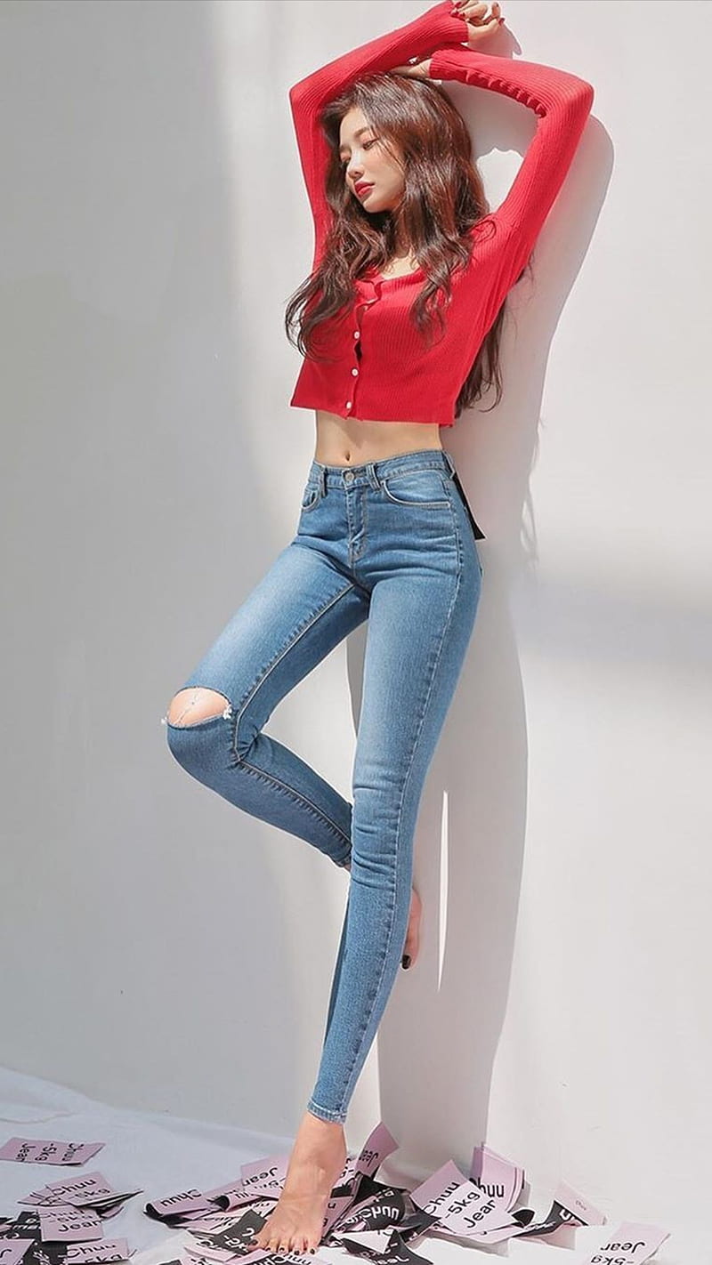 Asian beauty, asian girl, bonito, cute, fashion, jeans, legs, pretty, red,  white shirt, HD phone wallpaper