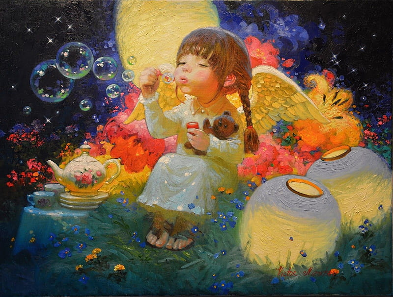 Little angel making bubbles, pictura, victor nizovtsev, art, wings, luminos, lantern, angel, vara, fantasy, girl, painting, summer, bubbles, night, HD wallpaper