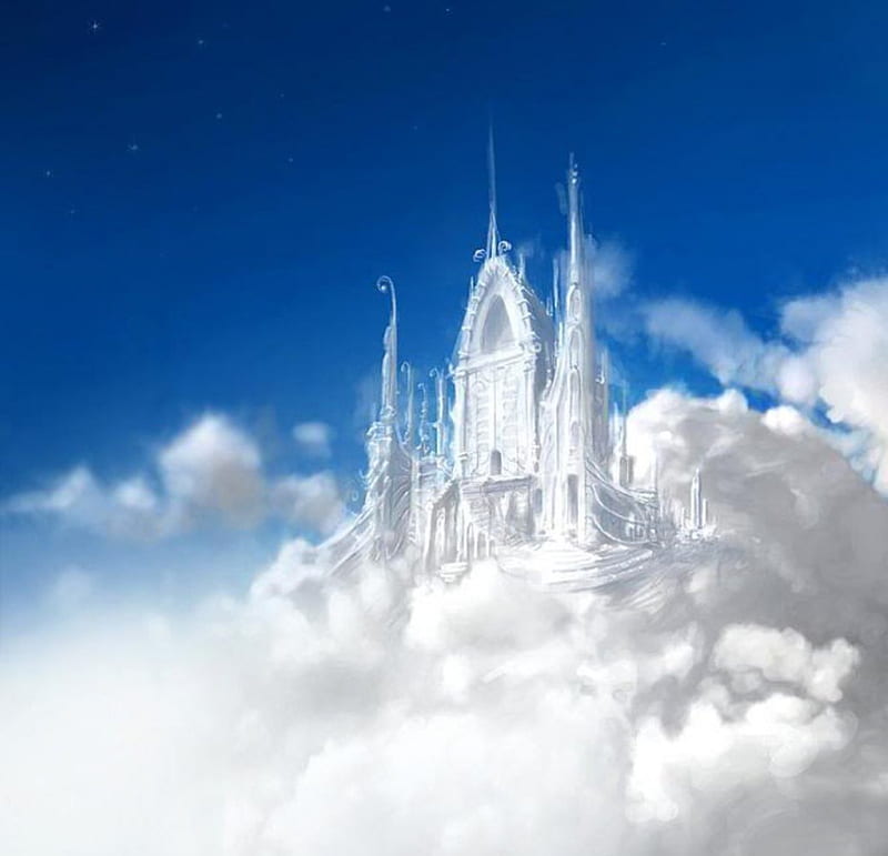 Castle in the Clouds, art, white, clouds, castle, sky, blue, HD wallpaper