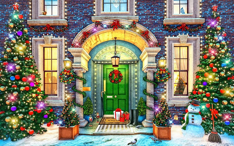 Christmas Facade, artwork, snowman, painting, house, snow, ornaments, decorations, HD wallpaper